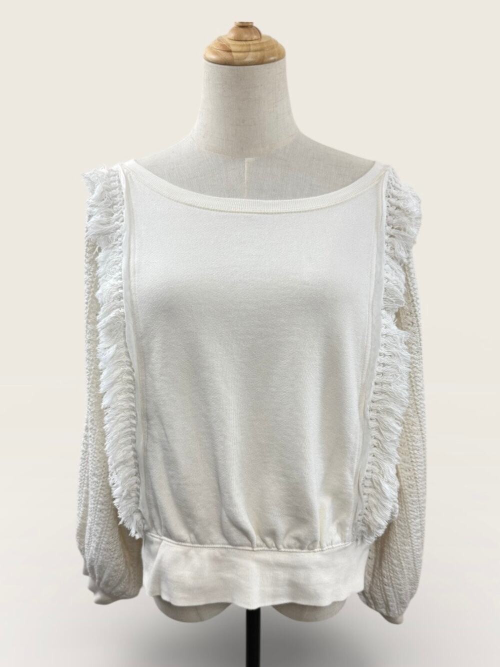 Free People Boho Boat Neck Sweatshirt with Crocheted Sleeves & Fringe, Size M